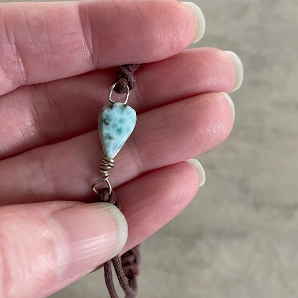 Delicate blue larimar crystal gemstone bracelet on brown cord - Picture 2 of 8